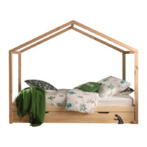 Domčeková detská posteľ z borovicového dreva s výsuvným lôžkom a úložným priestorom v prírodnej farb...