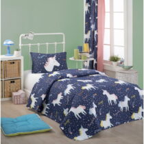 Set prehozu cez posteľ a obliečky na vankúš s prímesou bavlny Eponj Home Magic Unicorn Dark Blue, 16...