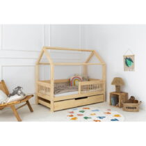 Domčeková detská posteľ z borovicového dreva s úložným priestorom a výsuvným lôžkom v prírodnej farb...